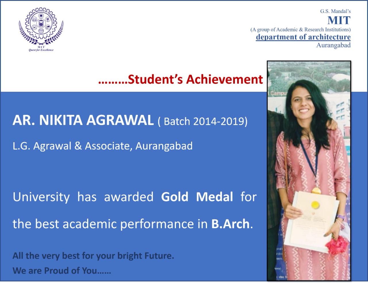 Facilitated for best academic performance in B.Arch by University 